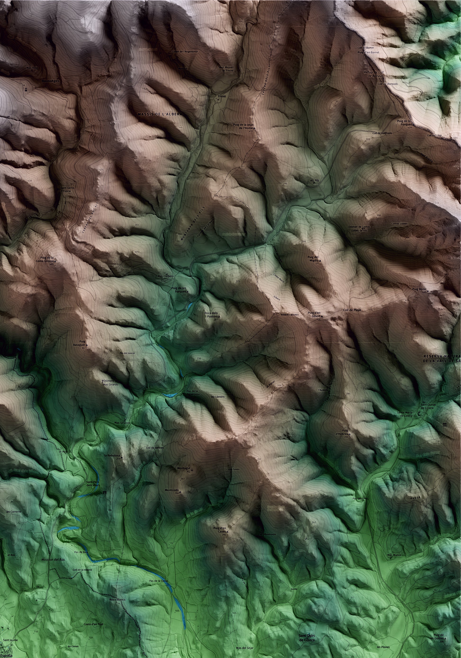 Mapa artístico del relieve de Espolla, al Alt Empordà, con 15 km de entorno y base topográfica ICGC. Detalle de la zona superior derecha.