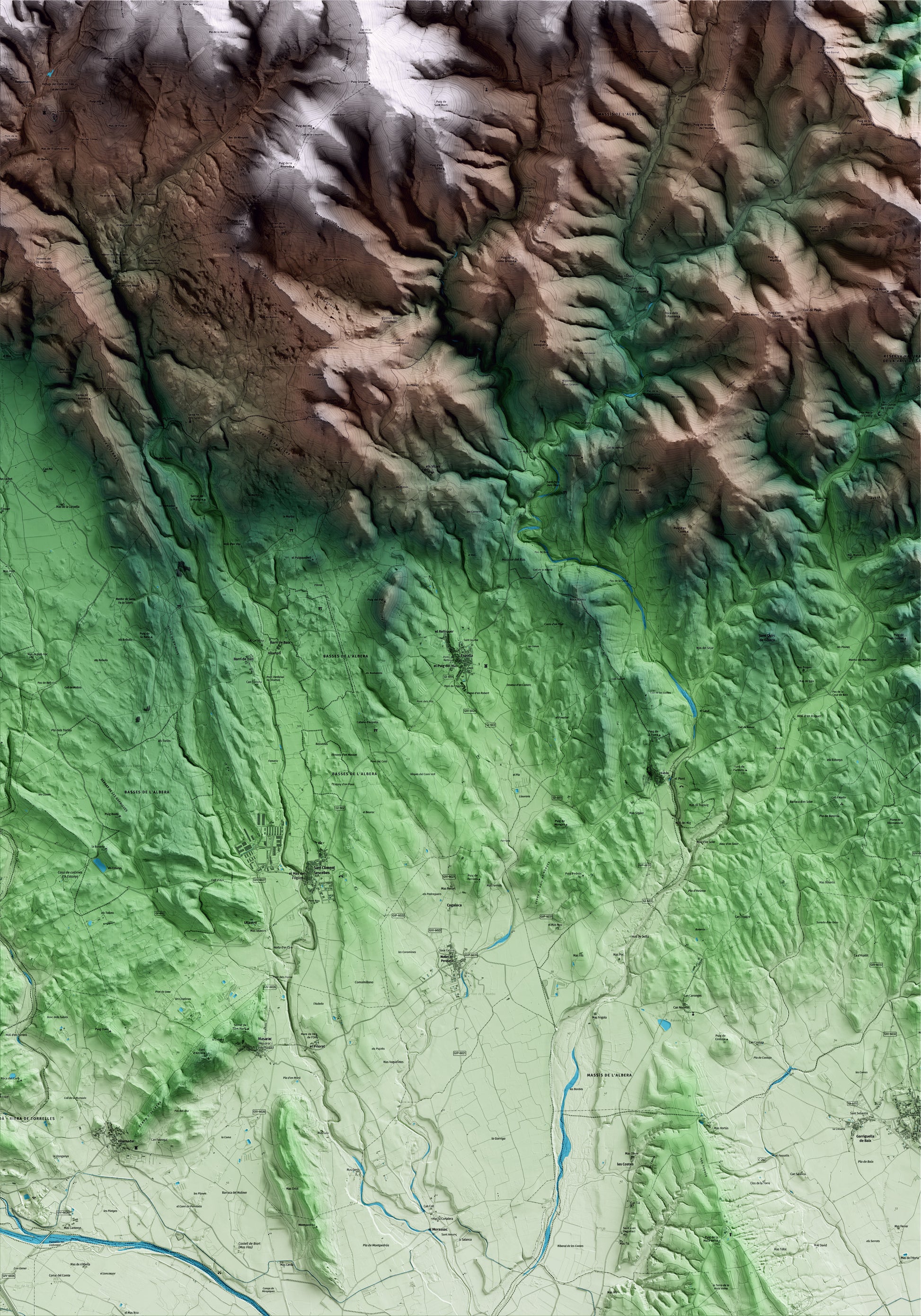 Mapa artístico del relieve de Espolla, al Alt Empordà, con 15 km de entorno y base topográfica ICGC