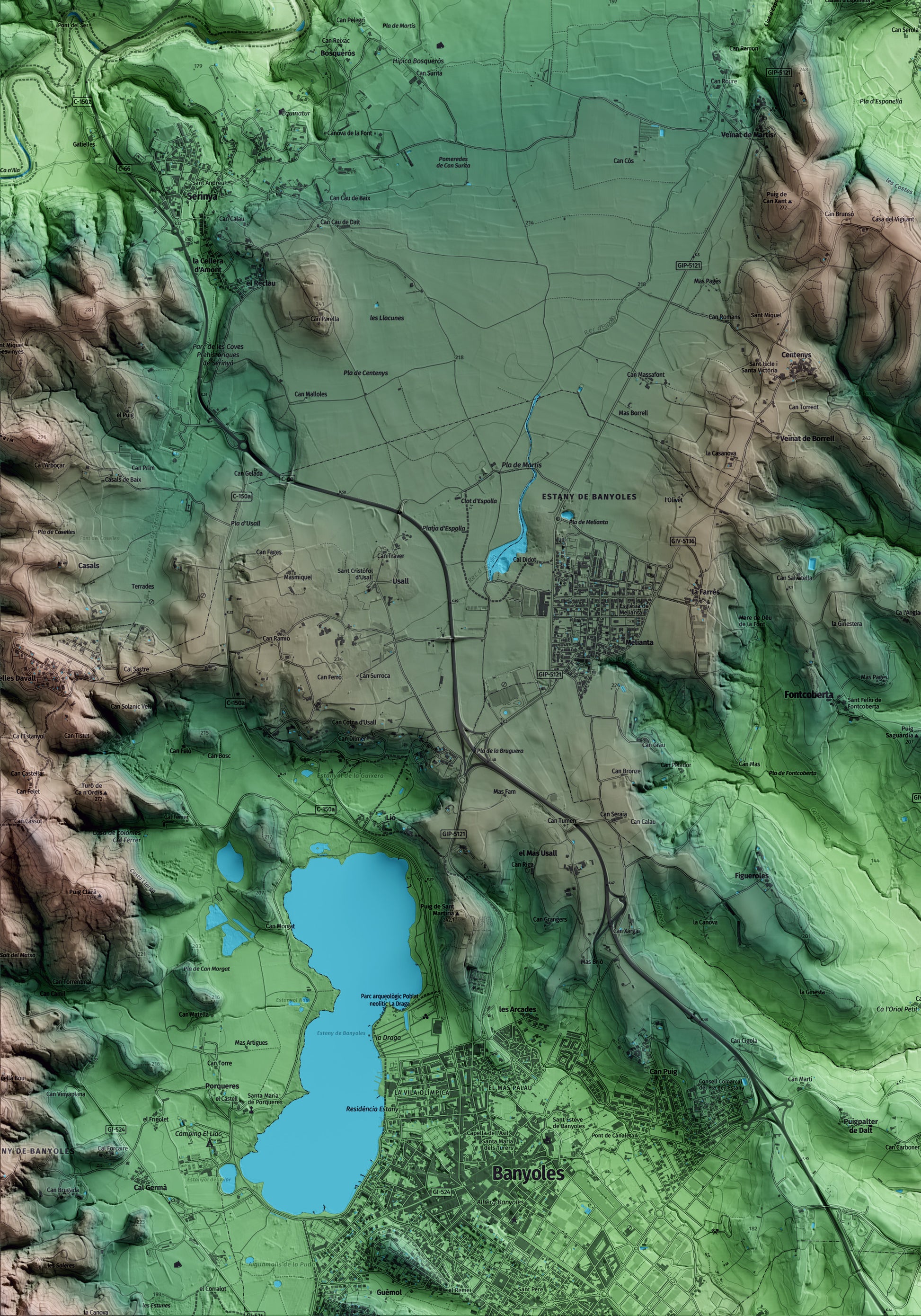 Mapa artístico del relieve de Esponellà, en el Pla de l'Estany, con 15 km de entorno y base topográfica ICGC. Detalle de la zona inferior izquierda.