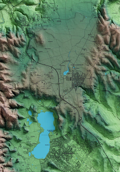 Mapa artístico del relieve de Esponellà, en el Pla de l'Estany, con 15 km de entorno y base topográfica ICGC. Detalle de la zona inferior izquierda.