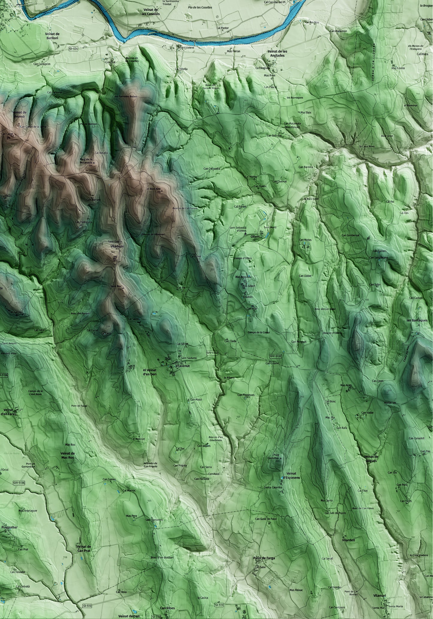 Mapa artístico del relieve de Esponellà, en el Pla de l'Estany, con 15 km de entorno y base topográfica ICGC. Detalle de la zona inferior derecha.