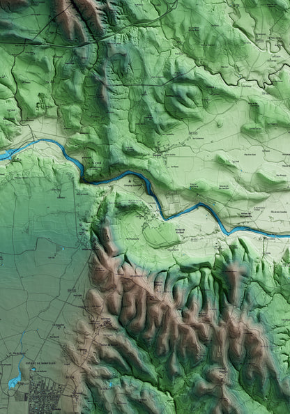 Mapa artístico del relieve de Esponellà, en el Pla de l'Estany, con 15 km de entorno y base topográfica ICGC. Detalle de la zona central.