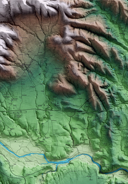 Mapa artístico del relieve de Esponellà, en el Pla de l'Estany, con 15 km de entorno y base topográfica ICGC. Detalle de la zona superior izquierda.