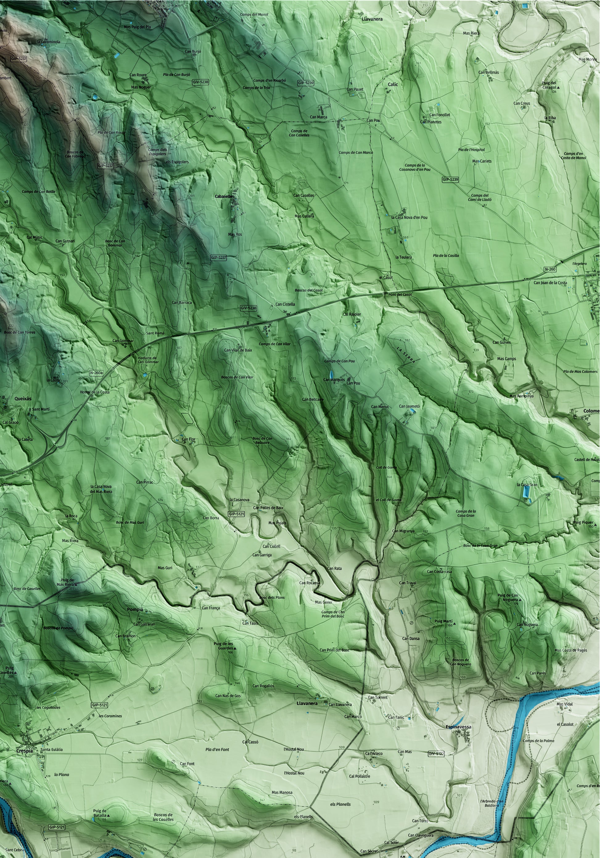 Mapa artístico del relieve de Esponellà, en el Pla de l'Estany, con 15 km de entorno y base topográfica ICGC. Detalle de la zona superior derecha.