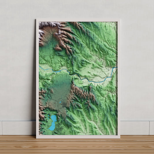 Mapa artístico del relieve de Esponellà, en el Pla de l'Estany, con 15 km de entorno y base topográfica ICGC. Presentación enmarcada.