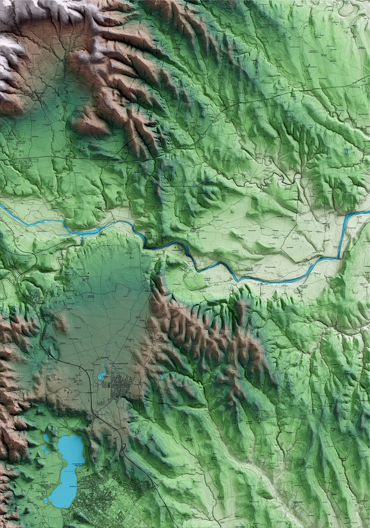 Mapa artístico del relieve de Esponellà, en el Pla de l'Estany, con 15 km de entorno y base topográfica ICGC