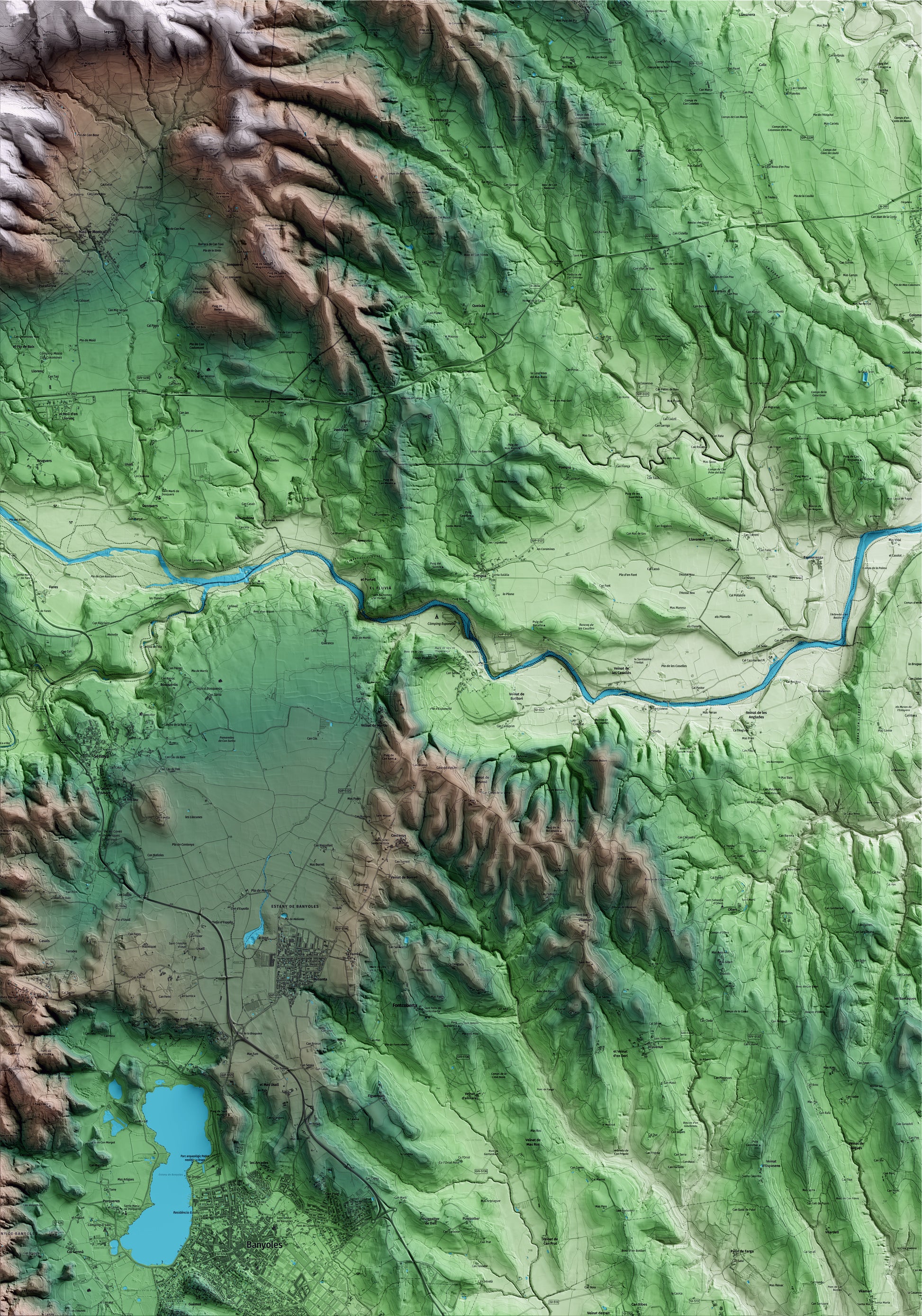 Mapa artístico del relieve de Esponellà, en el Pla de l'Estany, con 15 km de entorno y base topográfica ICGC