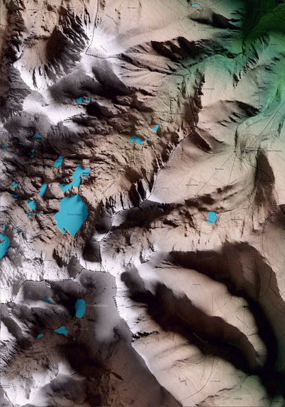Mapa artístico del relieve de Espot, al Pallars Sobirà, con 15 km de entorno y base topográfica ICGC. Detalle de la zona inferior izquierda.