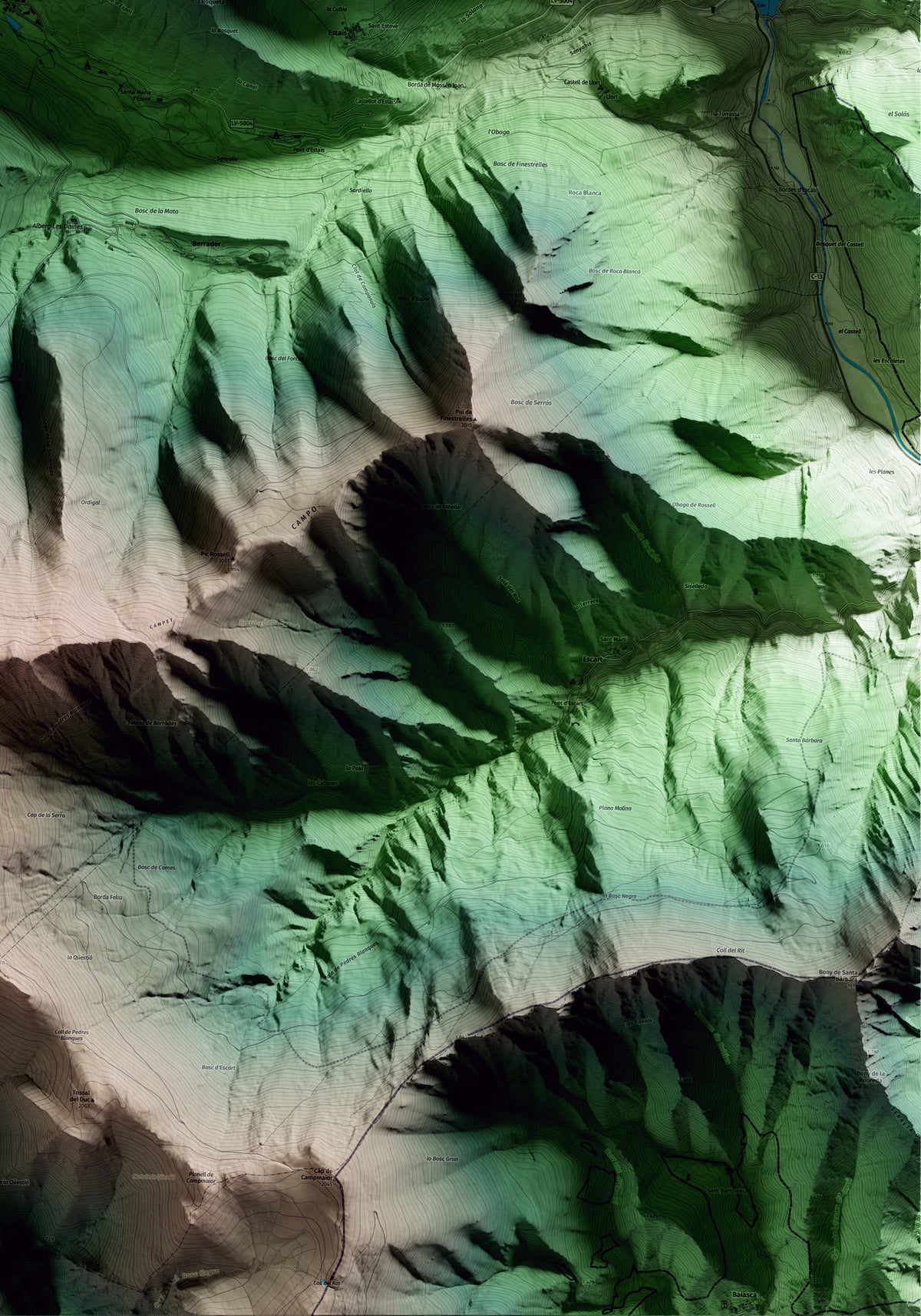 Mapa artístico del relieve de Espot, al Pallars Sobirà, con 15 km de entorno y base topográfica ICGC. Detalle de la zona inferior derecha.