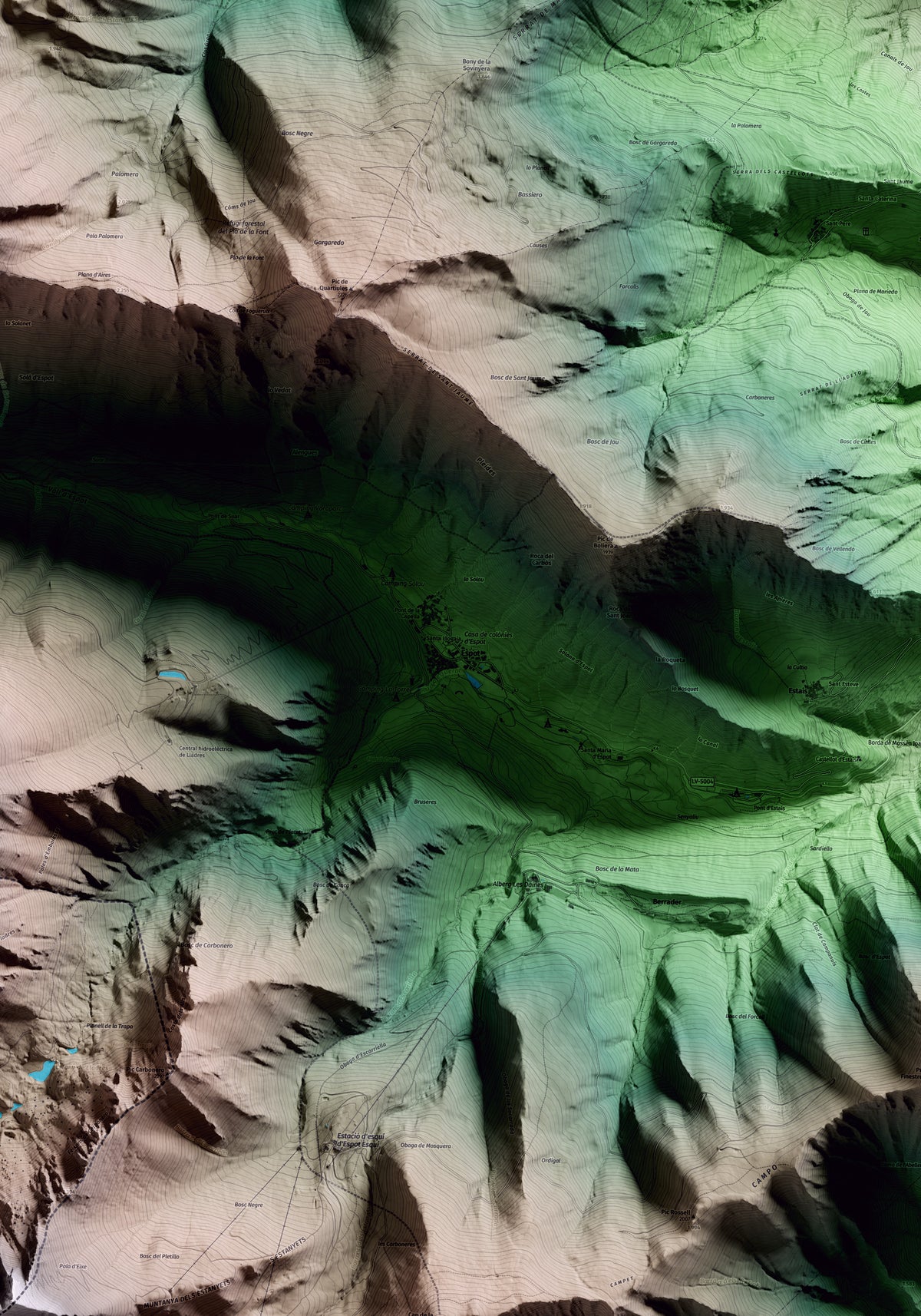 Mapa artístico del relieve de Espot, al Pallars Sobirà, con 15 km de entorno y base topográfica ICGC. Detalle de la zona central.