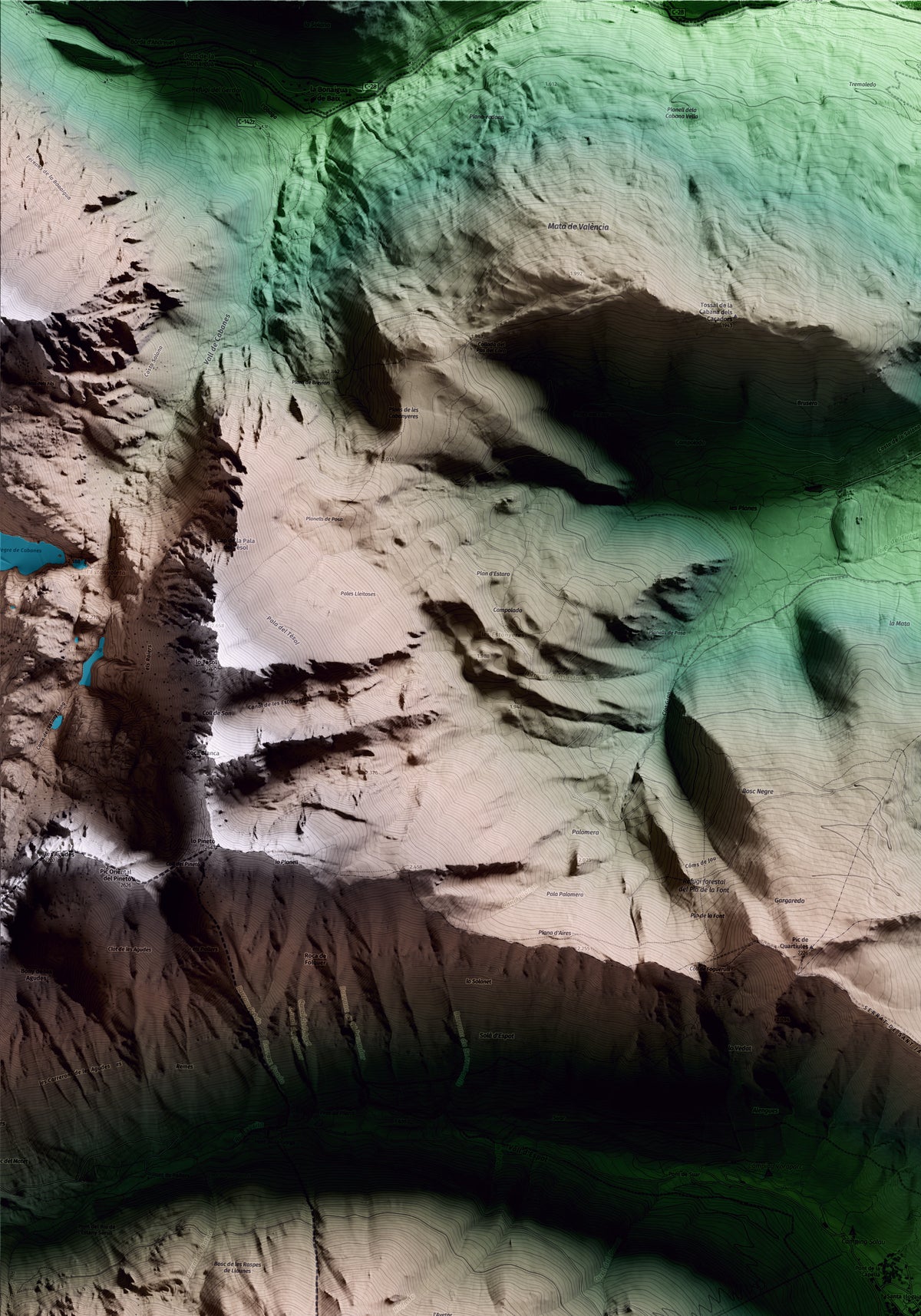 Mapa artístico del relieve de Espot, al Pallars Sobirà, con 15 km de entorno y base topográfica ICGC. Detalle de la zona superior izquierda.