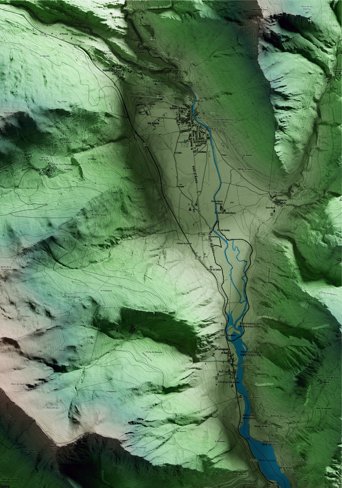 Mapa artístico del relieve de Espot, al Pallars Sobirà, con 15 km de entorno y base topográfica ICGC. Detalle de la zona superior derecha.