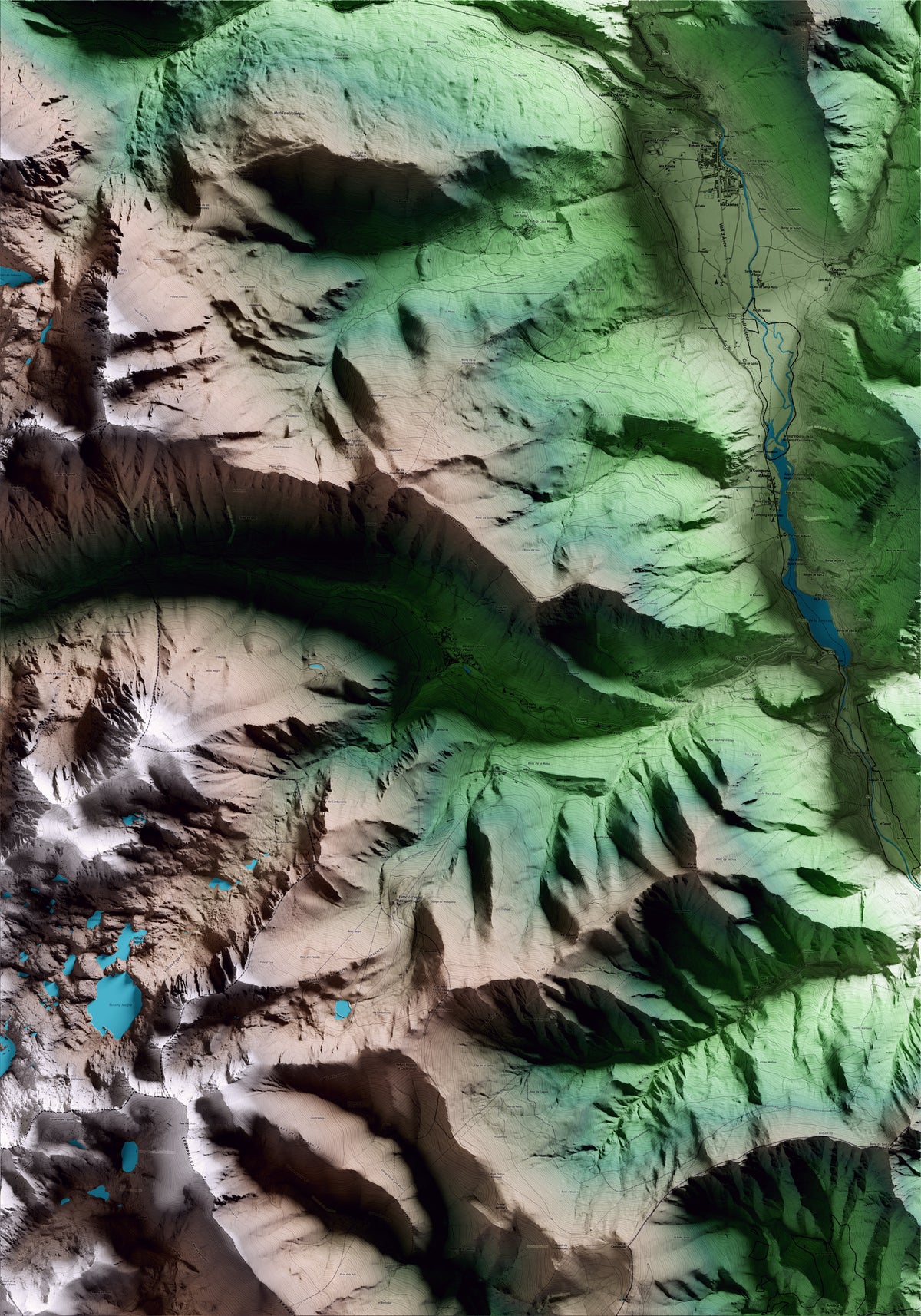 Mapa artístico del relieve de Espot, al Pallars Sobirà, con 15 km de entorno y base topográfica ICGC