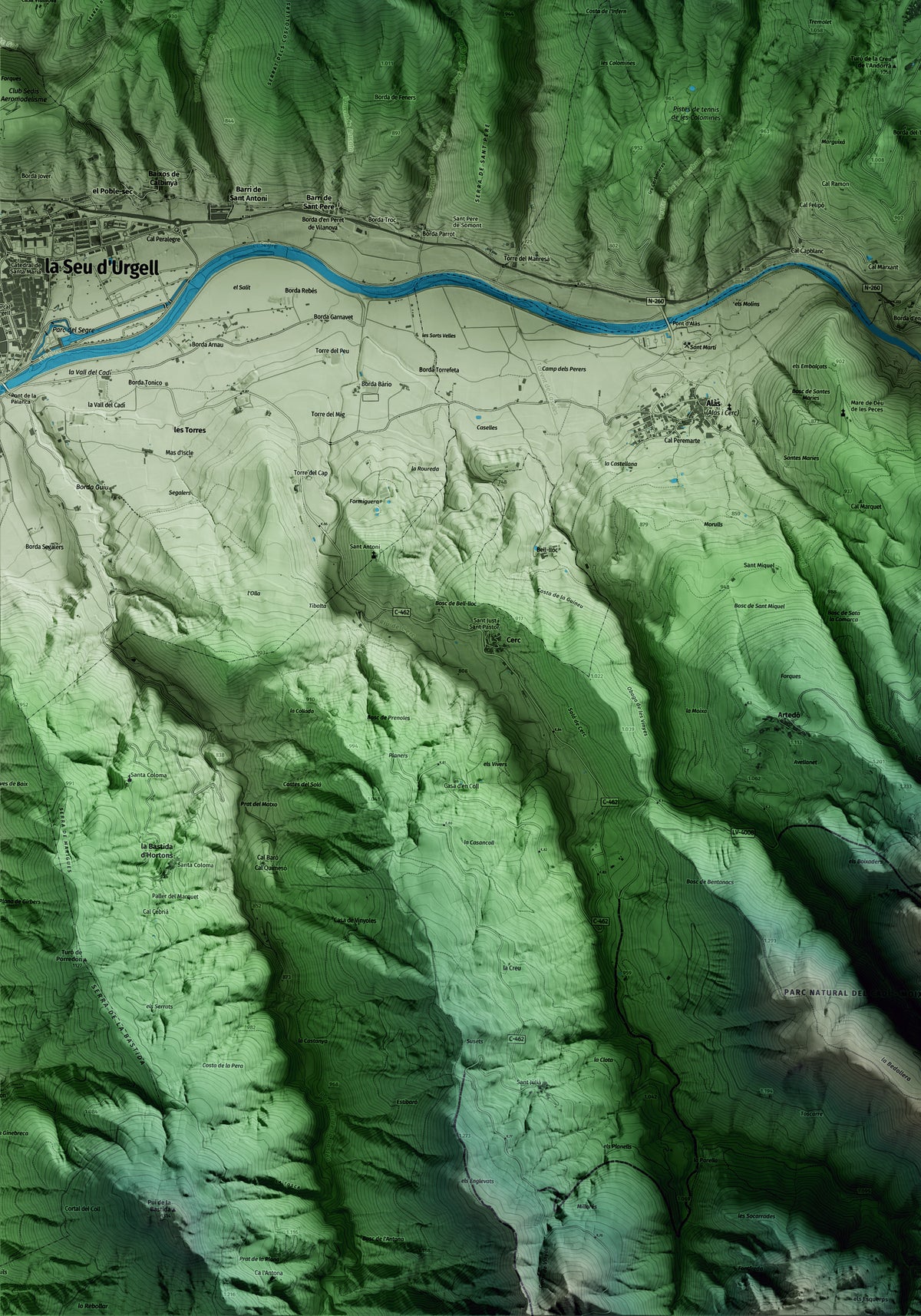 Mapa artístico del relieve de Estamariu, al Alt Urgell, con 15 km de entorno y base topográfica ICGC. Detalle de la zona inferior izquierda.