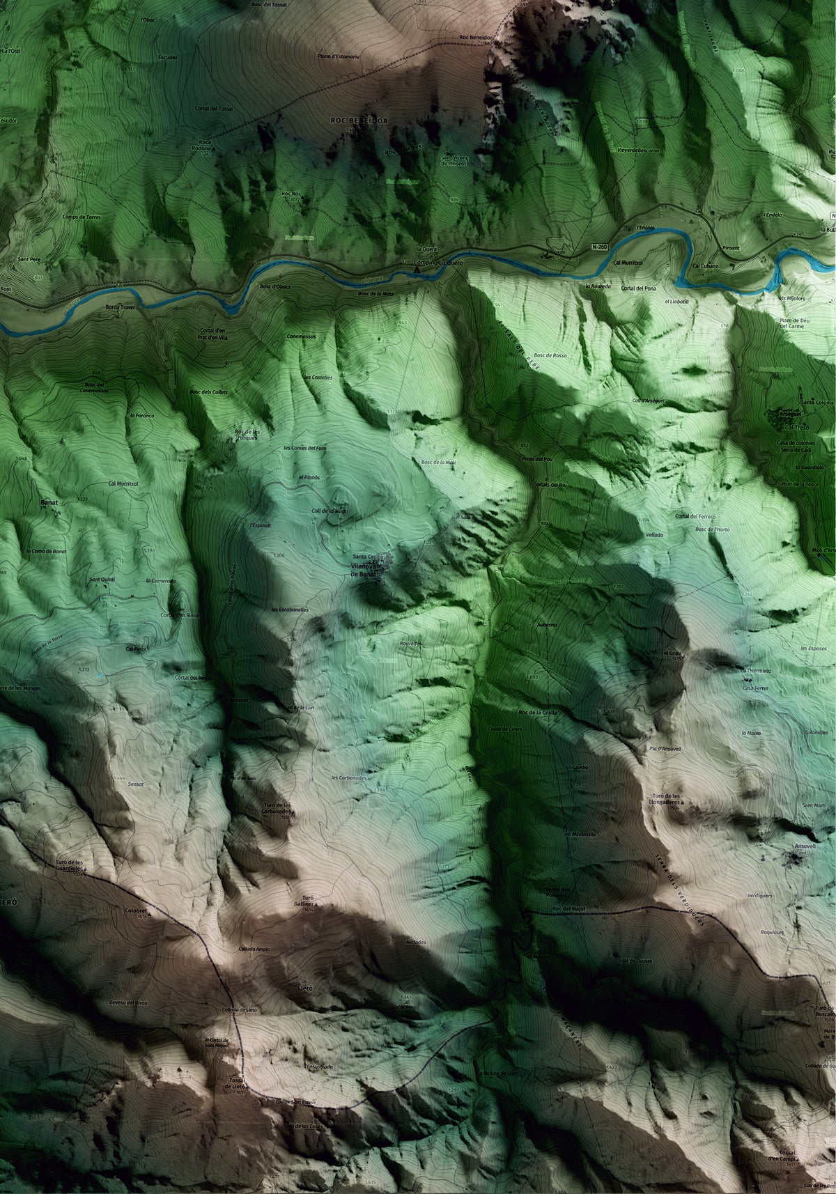 Mapa artístico del relieve de Estamariu, al Alt Urgell, con 15 km de entorno y base topográfica ICGC. Detalle de la zona inferior derecha.