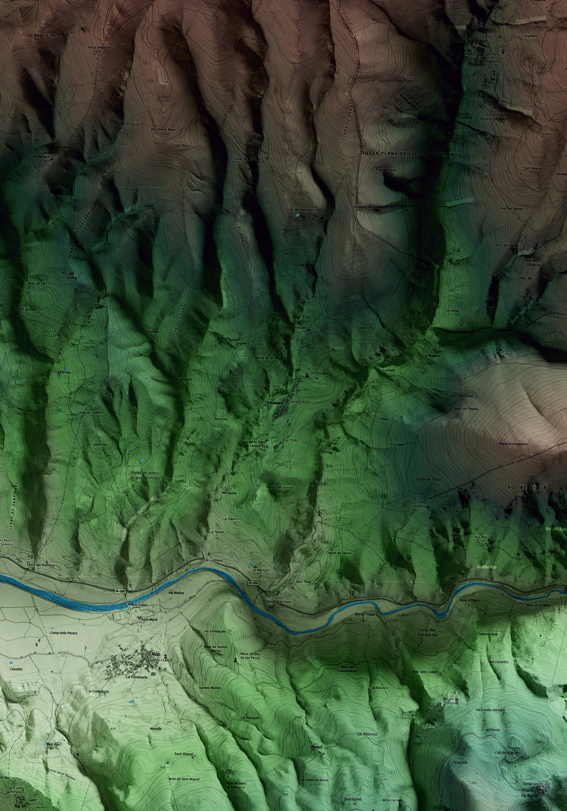 Mapa artístico del relieve de Estamariu, al Alt Urgell, con 15 km de entorno y base topográfica ICGC. Detalle de la zona central.