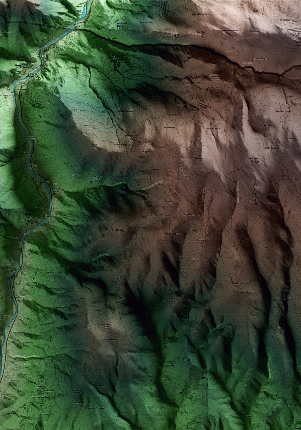 Mapa artístico del relieve de Estamariu, al Alt Urgell, con 15 km de entorno y base topográfica ICGC. Detalle de la zona superior izquierda.