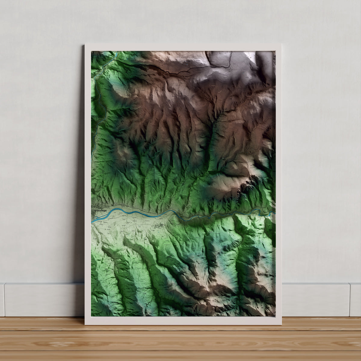 Mapa artístico del relieve de Estamariu, al Alt Urgell, con 15 km de entorno y base topográfica ICGC. Presentación enmarcada.