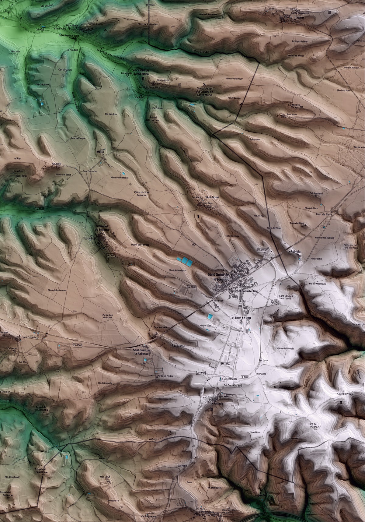 Mapa artístico del relieve de Estaràs, a la Segarra, con 15 km de entorno y base topográfica ICGC. Detalle de la zona inferior derecha.