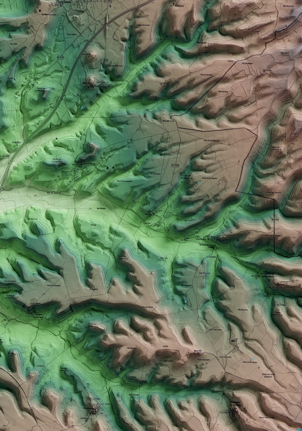 Mapa artístico del relieve de Estaràs, a la Segarra, con 15 km de entorno y base topográfica ICGC. Detalle de la zona central.
