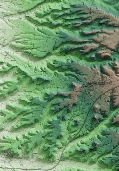 Mapa artístico del relieve de Estaràs, a la Segarra, con 15 km de entorno y base topográfica ICGC. Detalle de la zona superior izquierda.