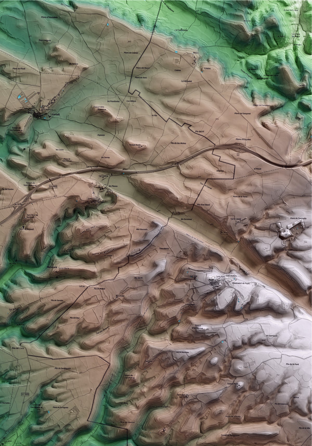 Mapa artístico del relieve de Estaràs, a la Segarra, con 15 km de entorno y base topográfica ICGC. Detalle de la zona superior derecha.