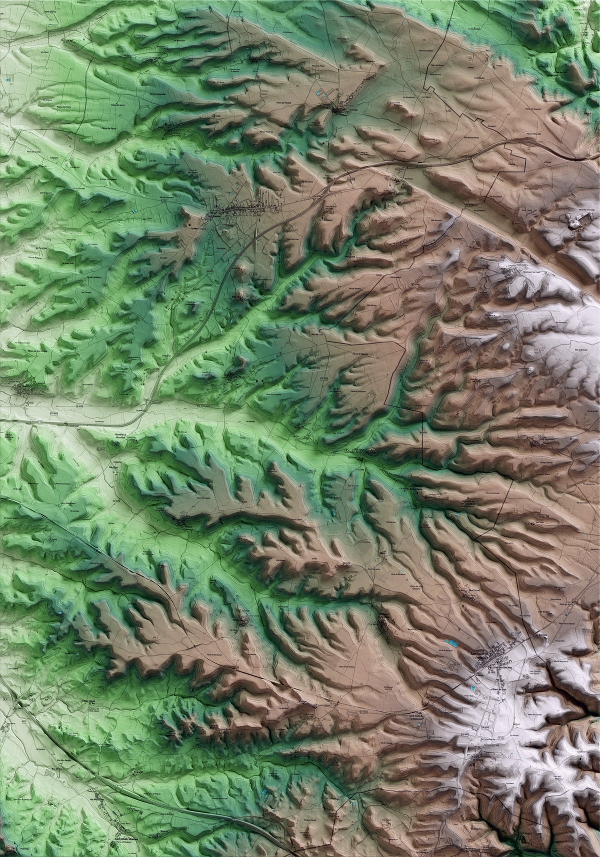 Mapa artístico del relieve de Estaràs, a la Segarra, con 15 km de entorno y base topográfica ICGC