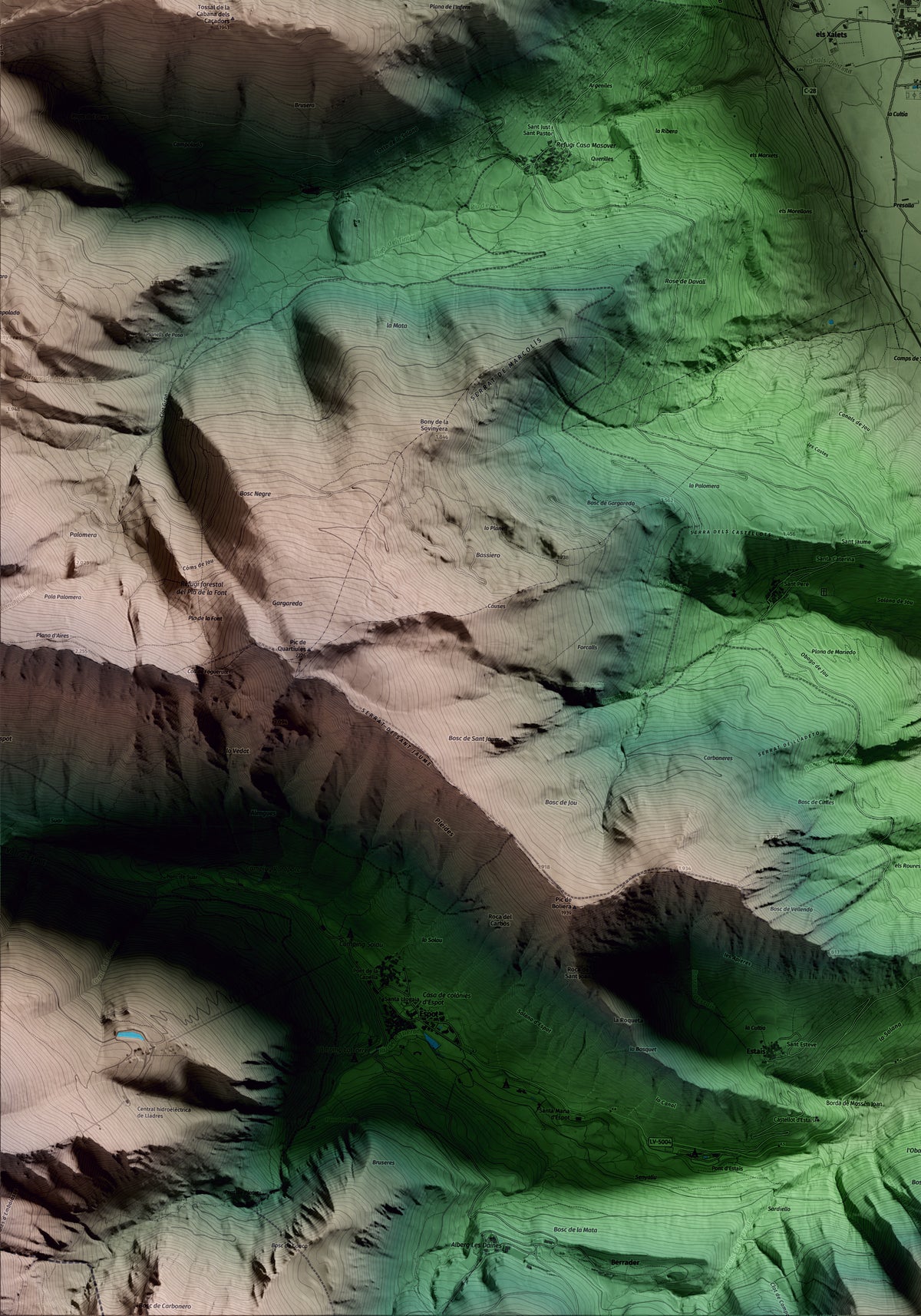Mapa artístico del relieve de Esterri d'Àneu, al Pallars Sobirà, con 15 km de entorno y base topográfica ICGC. Detalle de la zona inferior izquierda.