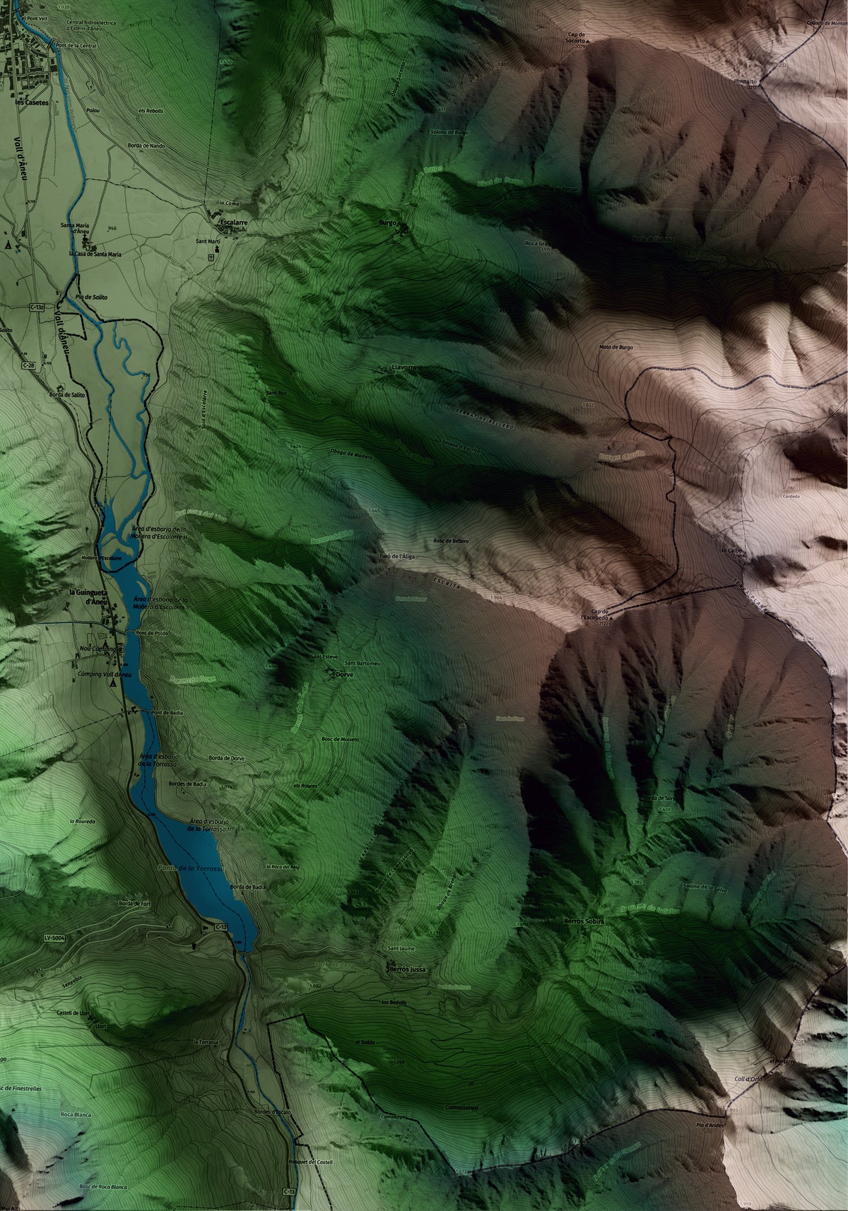 Mapa artístico del relieve de Esterri d'Àneu, al Pallars Sobirà, con 15 km de entorno y base topográfica ICGC. Detalle de la zona inferior derecha.