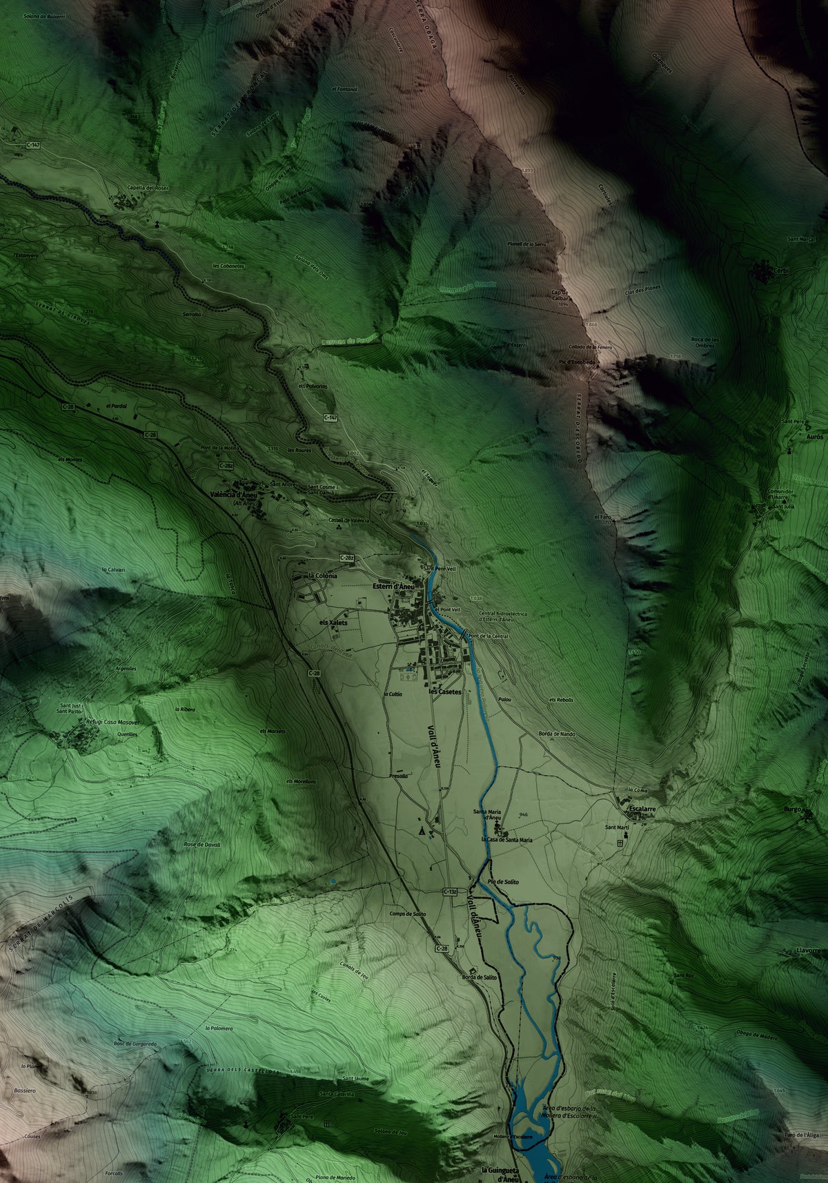 Mapa artístico del relieve de Esterri d'Àneu, al Pallars Sobirà, con 15 km de entorno y base topográfica ICGC. Detalle de la zona central.