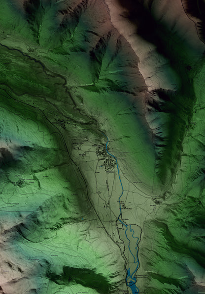 Mapa artístico del relieve de Esterri d'Àneu, al Pallars Sobirà, con 15 km de entorno y base topográfica ICGC. Detalle de la zona central.
