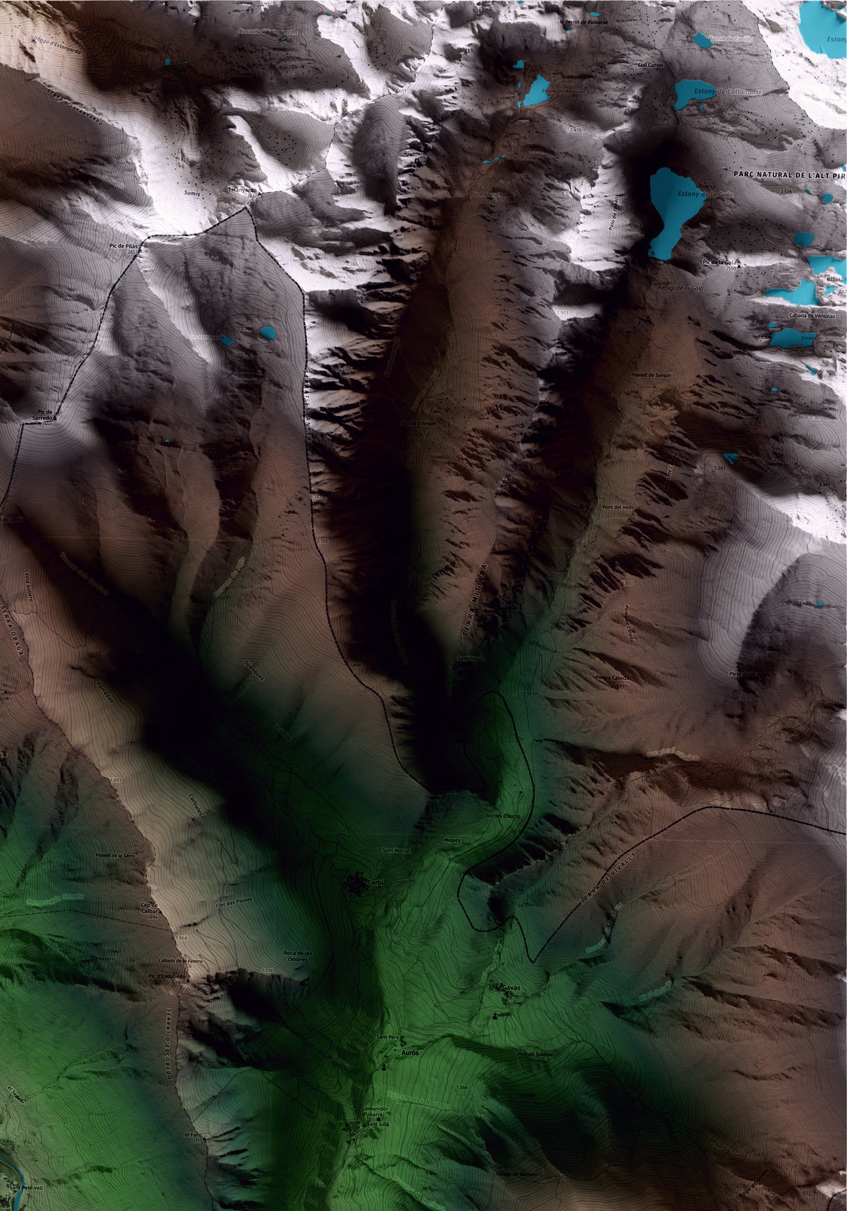 Mapa artístico del relieve de Esterri d'Àneu, al Pallars Sobirà, con 15 km de entorno y base topográfica ICGC. Detalle de la zona superior derecha.