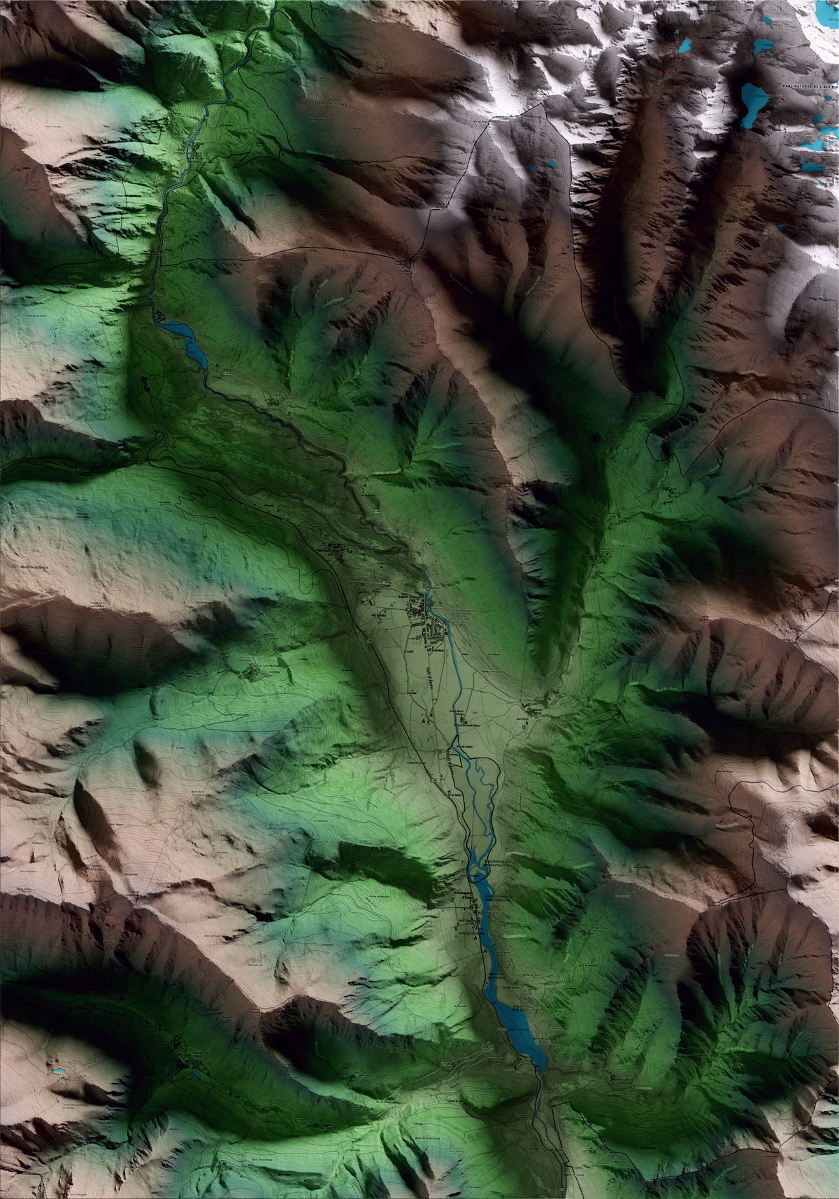 Mapa artístico del relieve de Esterri d'Àneu, al Pallars Sobirà, con 15 km de entorno y base topográfica ICGC