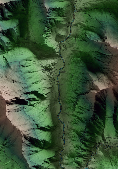 Mapa artístico del relieve de Esterri de Cardós, al Pallars Sobirà, con 15 km de entorno y base topográfica ICGC. Detalle de la zona inferior izquierda.