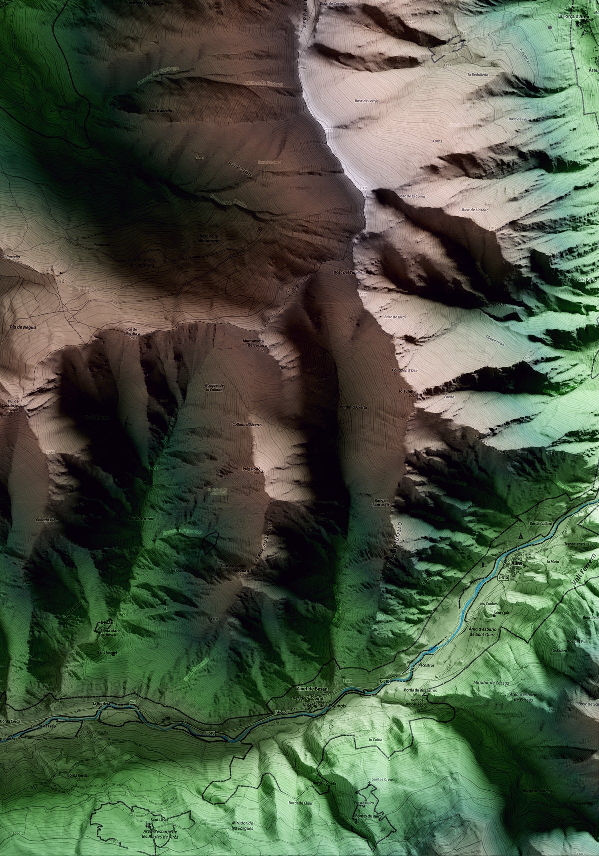 Mapa artístico del relieve de Esterri de Cardós, al Pallars Sobirà, con 15 km de entorno y base topográfica ICGC. Detalle de la zona inferior derecha.