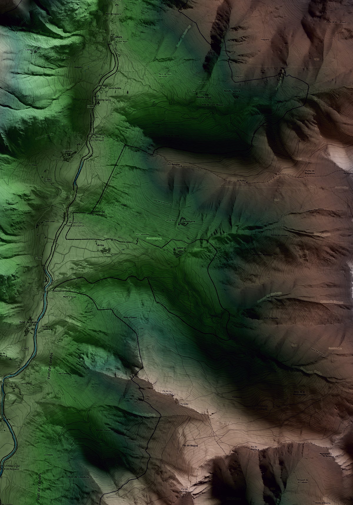 Mapa artístico del relieve de Esterri de Cardós, al Pallars Sobirà, con 15 km de entorno y base topográfica ICGC. Detalle de la zona central.