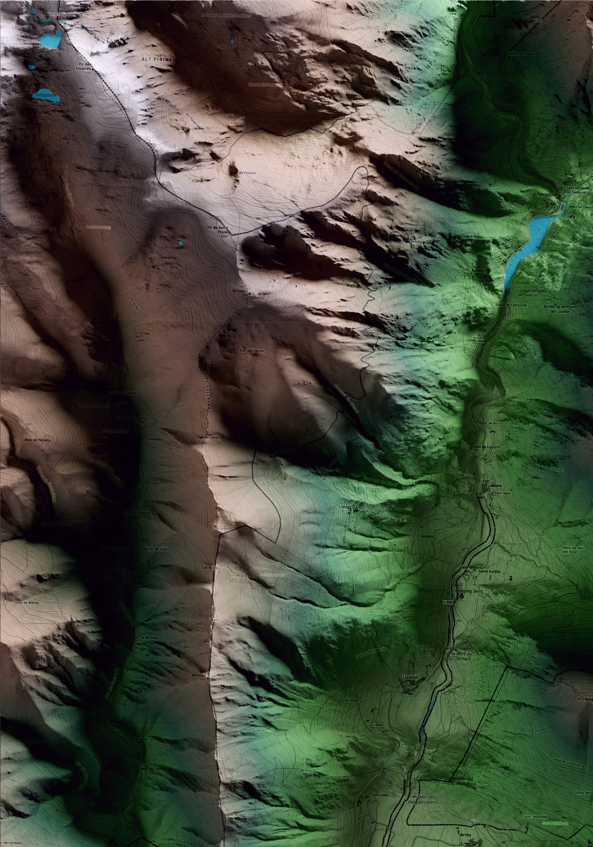 Mapa artístico del relieve de Esterri de Cardós, al Pallars Sobirà, con 15 km de entorno y base topográfica ICGC. Detalle de la zona superior izquierda.
