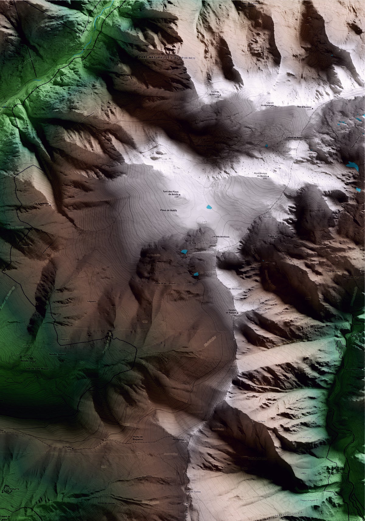 Mapa artístico del relieve de Esterri de Cardós, al Pallars Sobirà, con 15 km de entorno y base topográfica ICGC. Detalle de la zona superior derecha.
