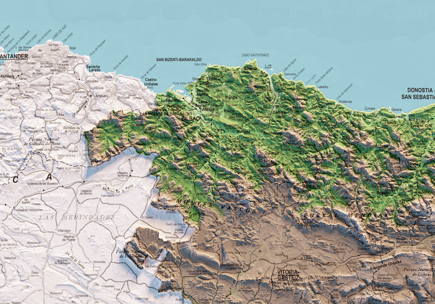 EUSKAL HERRIA. Mapa topográfico en color de las 7 províncias.