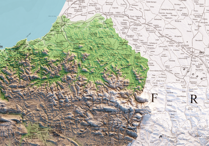 EUSKAL HERRIA. Mapa topográfico en color de las 7 províncias.