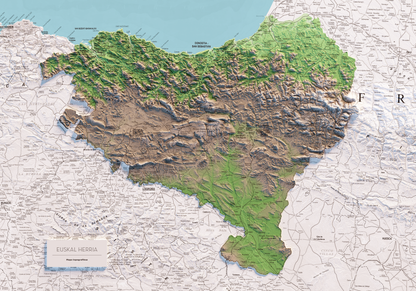 EUSKAL HERRIA. Mapa topográfico en color de las 7 províncias.