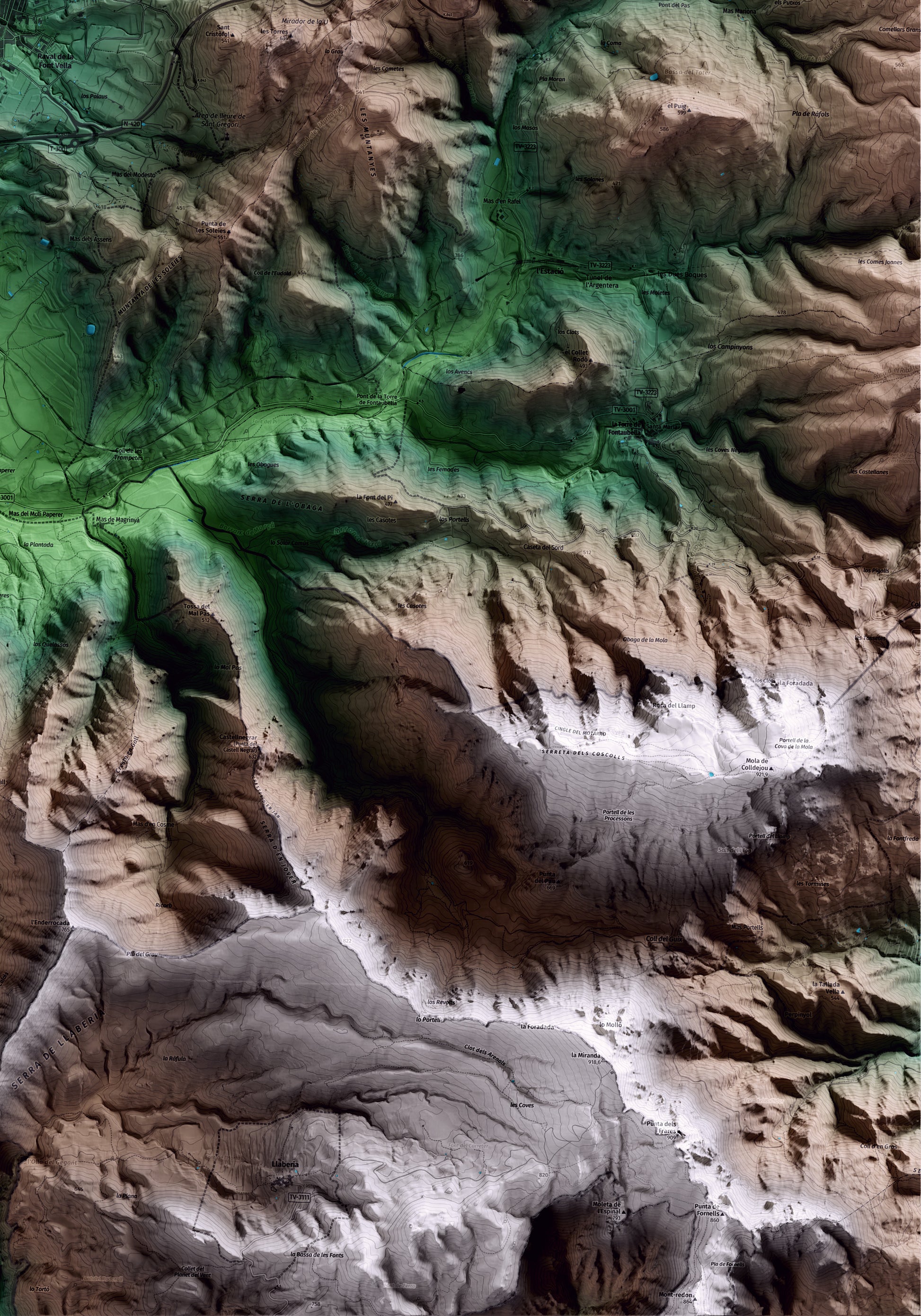 Mapa artístico del relieve de Falset, al Priorat, con 15 km de entorno y base topográfica ICGC. Detalle de la zona inferior derecha.