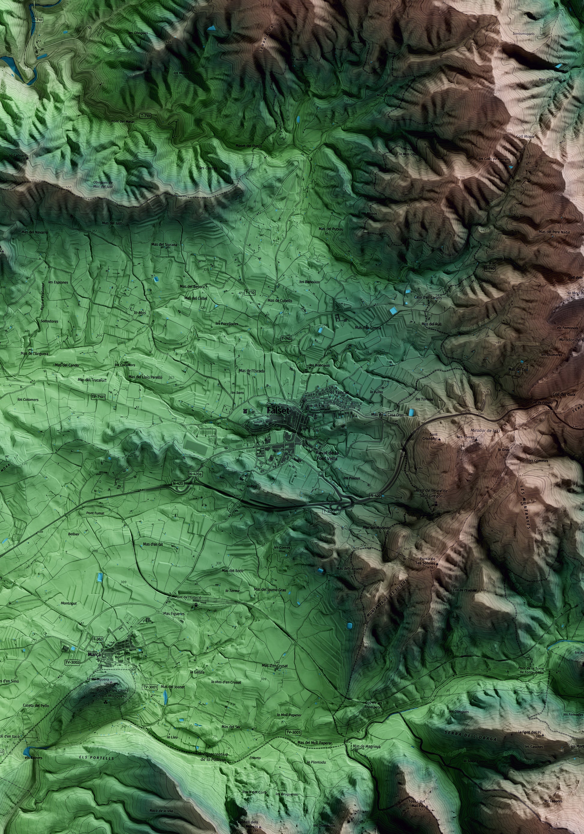 Mapa artístico del relieve de Falset, al Priorat, con 15 km de entorno y base topográfica ICGC. Detalle de la zona central.