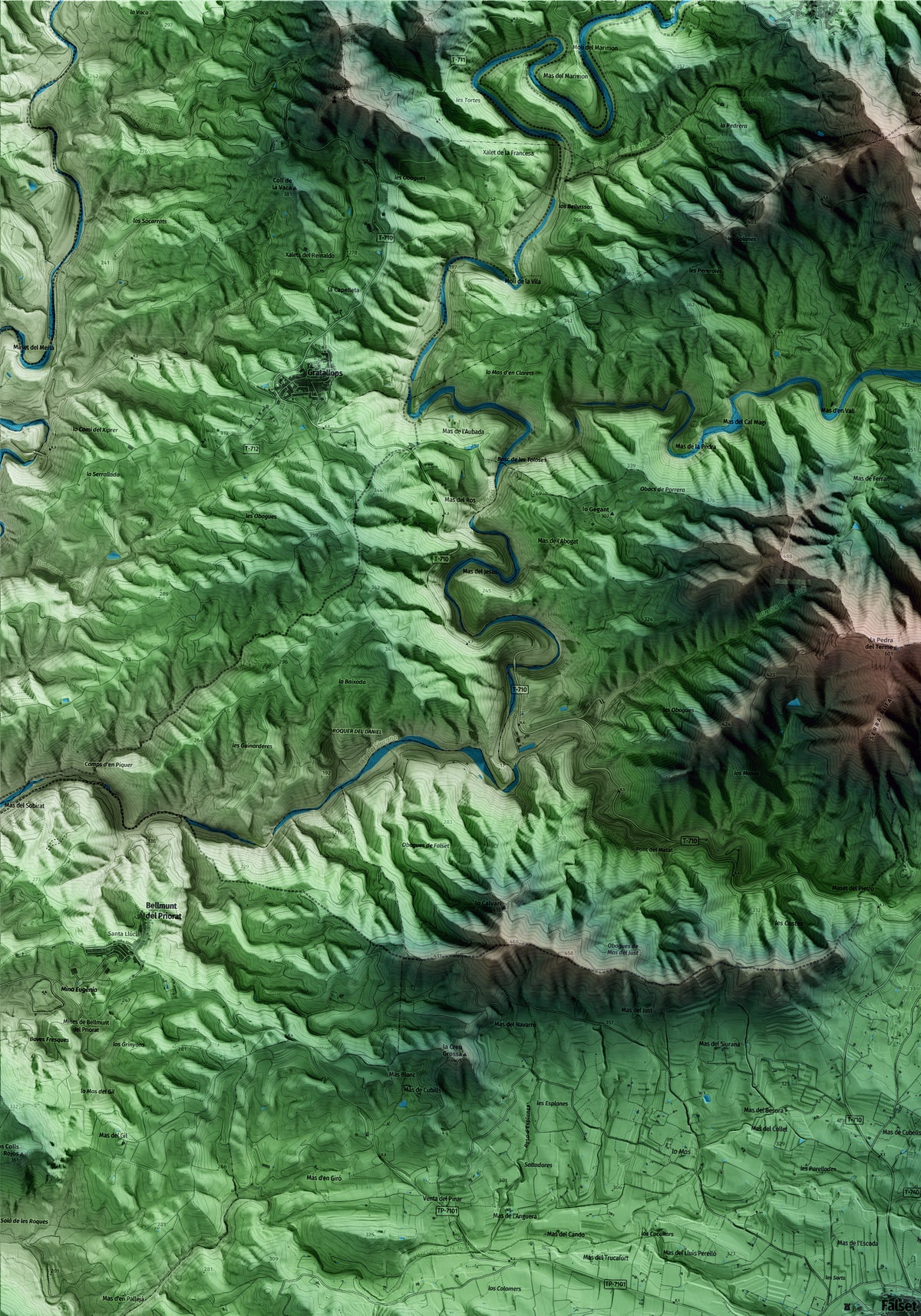 Mapa artístico del relieve de Falset, al Priorat, con 15 km de entorno y base topográfica ICGC. Detalle de la zona superior izquierda.