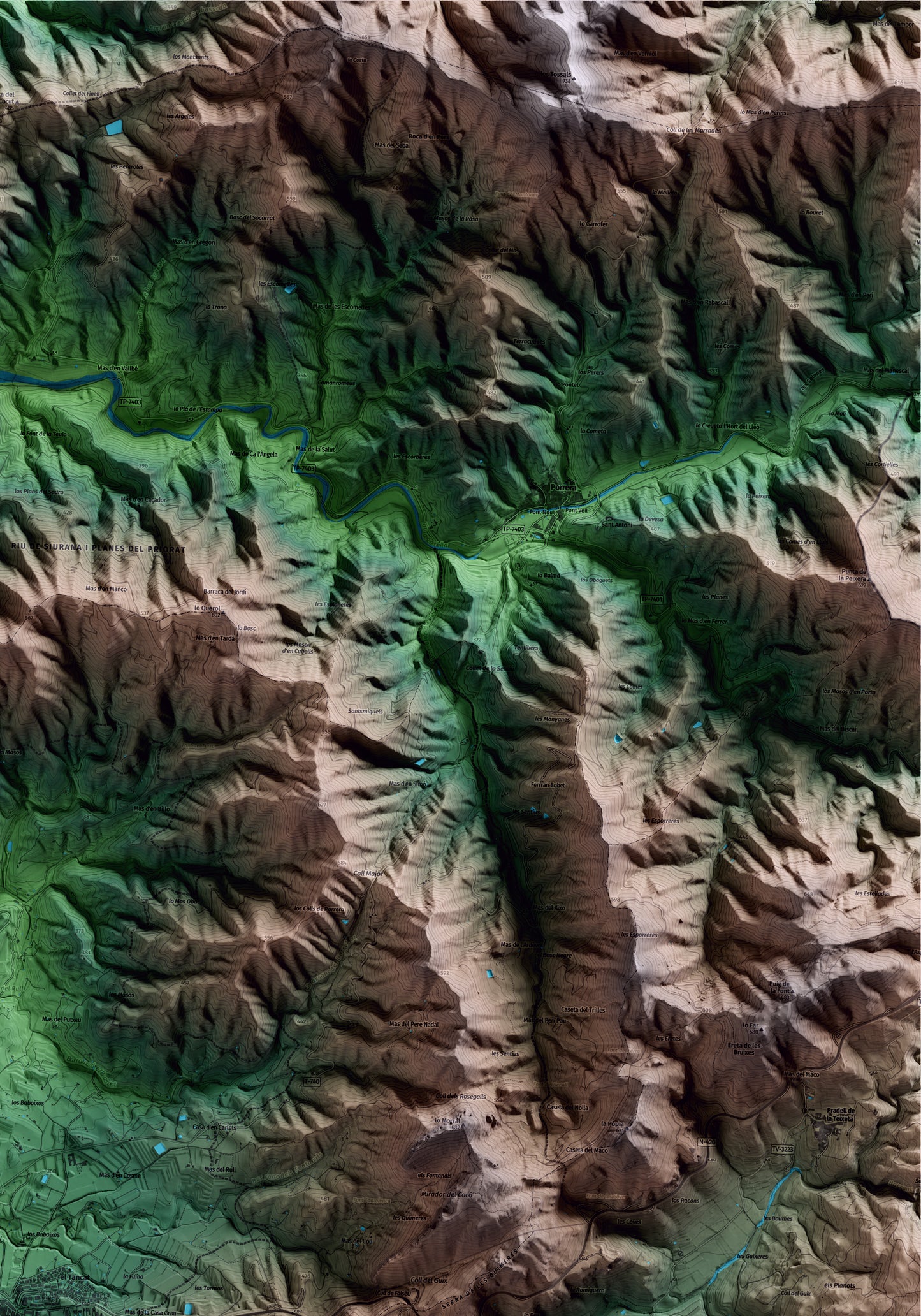 Mapa artístico del relieve de Falset, al Priorat, con 15 km de entorno y base topográfica ICGC. Detalle de la zona superior derecha.