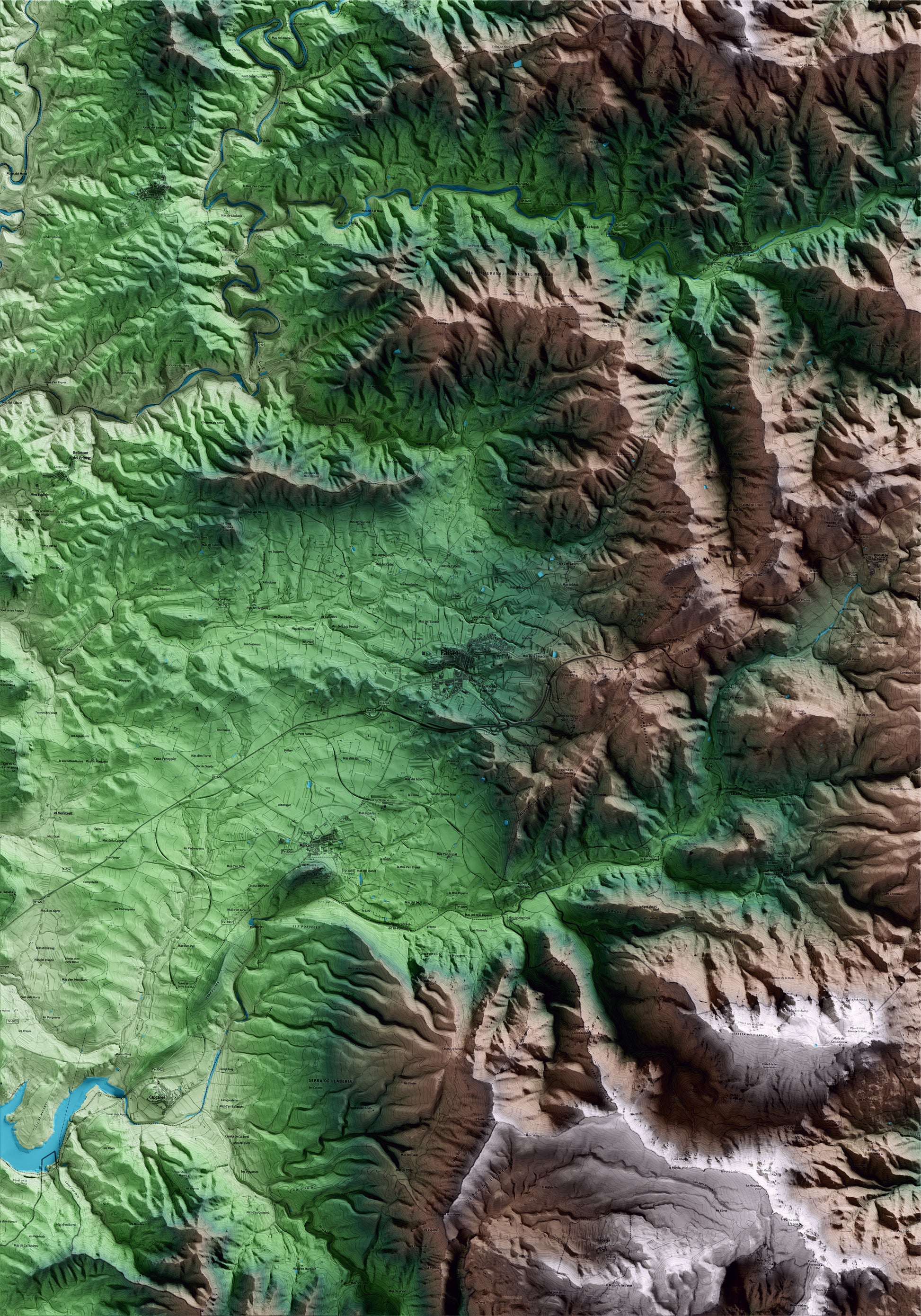 Mapa artístico del relieve de Falset, al Priorat, con 15 km de entorno y base topográfica ICGC
