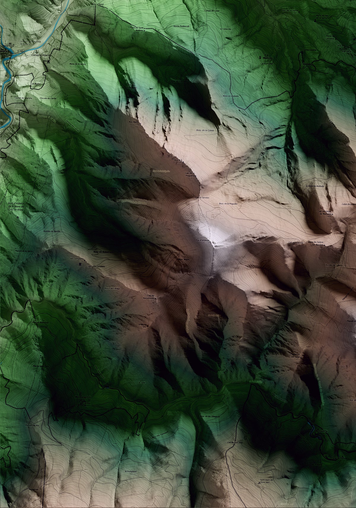 Mapa artístico del relieve de Farrera, al Pallars Sobirà, con 15 km de entorno y base topográfica ICGC. Detalle de la zona inferior izquierda.
