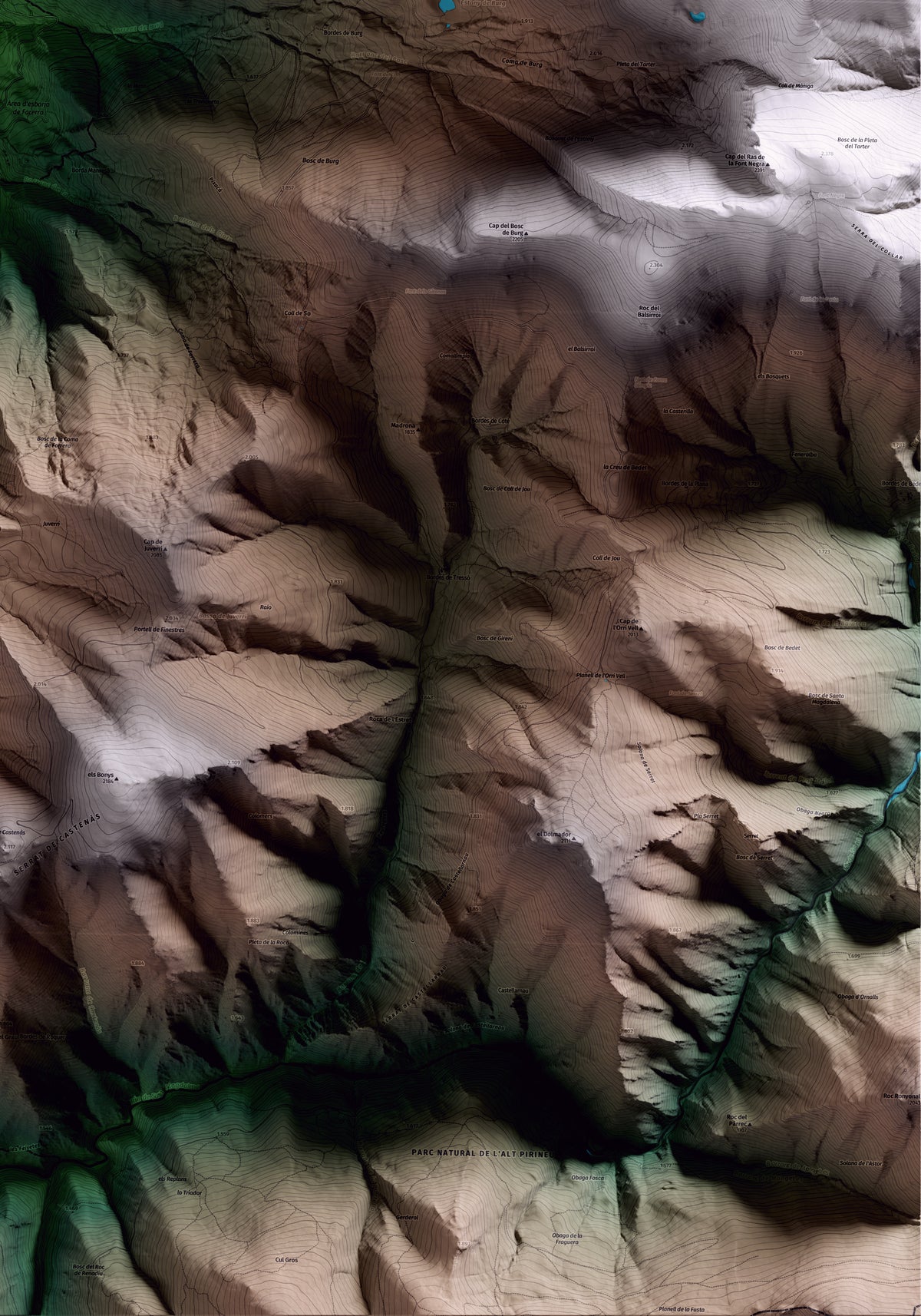 Mapa artístico del relieve de Farrera, al Pallars Sobirà, con 15 km de entorno y base topográfica ICGC. Detalle de la zona inferior derecha.