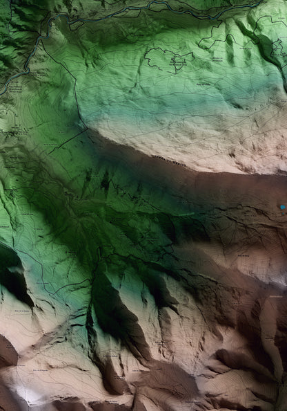 Mapa artístico del relieve de Farrera, al Pallars Sobirà, con 15 km de entorno y base topográfica ICGC. Detalle de la zona central.