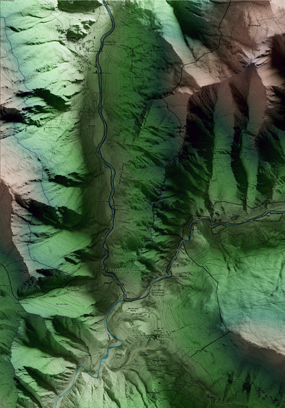 Mapa artístico del relieve de Farrera, al Pallars Sobirà, con 15 km de entorno y base topográfica ICGC. Detalle de la zona superior izquierda.